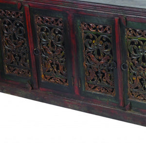 HomeRoots 101" Solid Wood Buffet Table in Brown and Green – Spacious Six-Door Storage & Elegant Design 488615