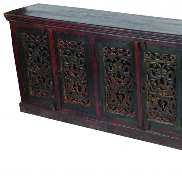 HomeRoots 101" Solid Wood Buffet Table in Brown and Green – Spacious Six-Door Storage & Elegant Design 488615