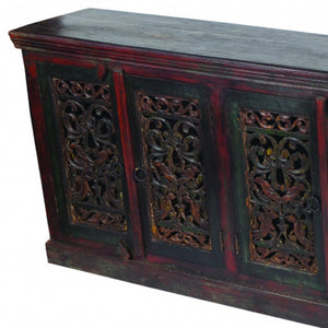 HomeRoots 101" Solid Wood Buffet Table in Brown and Green – Spacious Six-Door Storage & Elegant Design 488615
