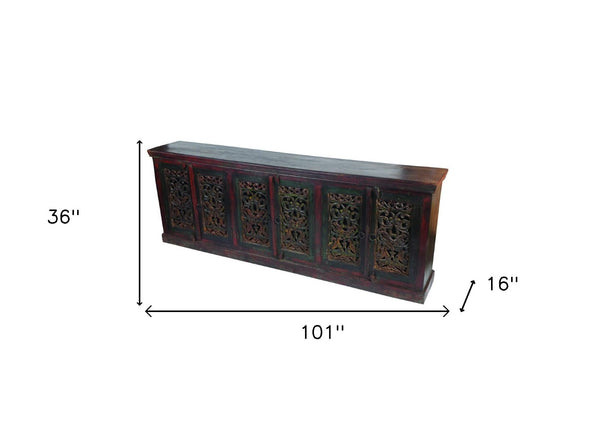 HomeRoots 101" Solid Wood Buffet Table in Brown and Green – Spacious Six-Door Storage & Elegant Design 488615