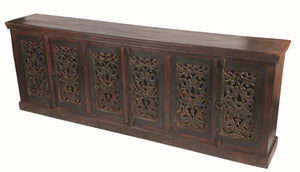 HomeRoots 101" Solid Wood Buffet Table in Brown and Green – Spacious Six-Door Storage & Elegant Design 488615