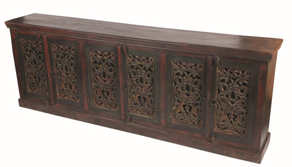 HomeRoots 101" Solid Wood Buffet Table in Brown and Green – Spacious Six-Door Storage & Elegant Design 488615