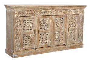 HomeRoots 76" Antiqued White Distressed Solid Wood Sideboard with Floral Carvings & Ample Storage Solutions 488629