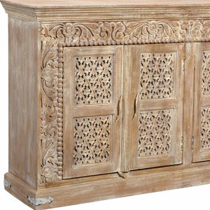 HomeRoots 76" Antiqued White Distressed Solid Wood Sideboard with Floral Carvings & Ample Storage Solutions 488629
