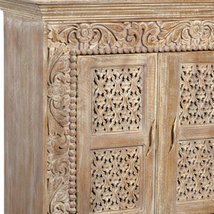 HomeRoots 76" Antiqued White Distressed Solid Wood Sideboard with Floral Carvings & Ample Storage Solutions 488629