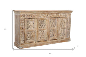 HomeRoots 76" Antiqued White Distressed Solid Wood Sideboard with Floral Carvings & Ample Storage Solutions 488629