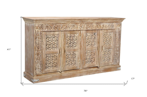 HomeRoots 76" Antiqued White Distressed Solid Wood Sideboard with Floral Carvings & Ample Storage Solutions 488629