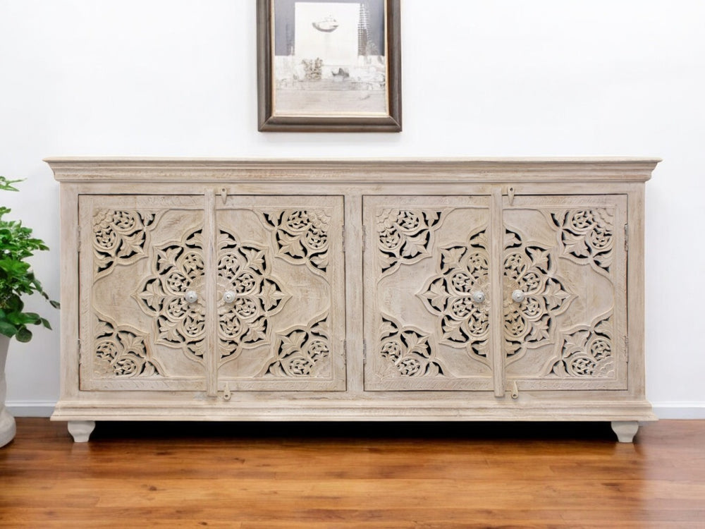 HomeRoots 71" Elegant Beige Solid Wood Sideboard with Ample Storage and Classic Design for Any Room 488630