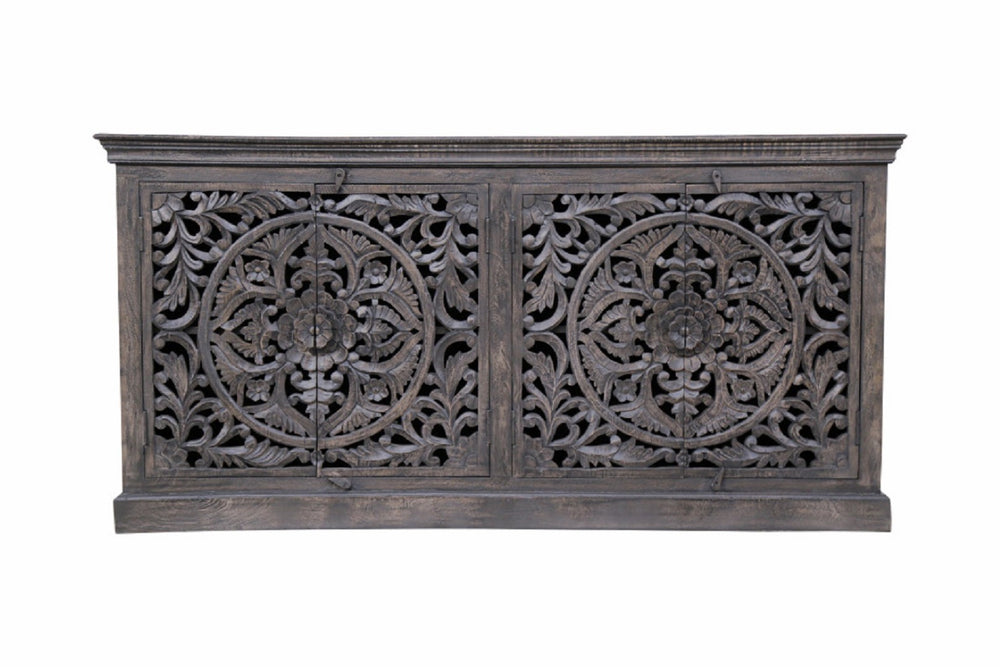 HomeRoots 71" Gray Distressed Solid Wood Sideboard with Hand-Carved Floral Design - Stylish Storage Solution 488632