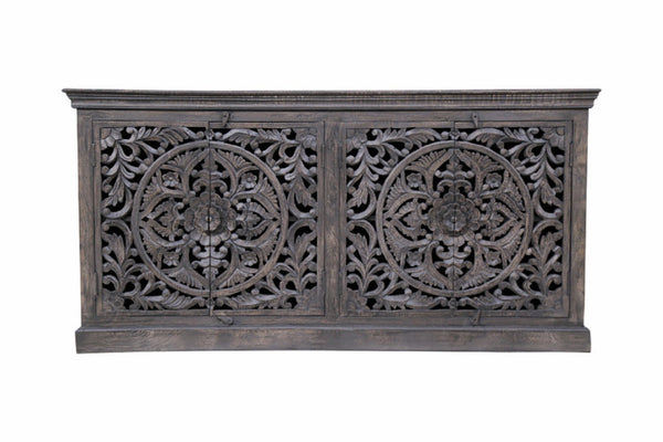HomeRoots 71" Gray Distressed Solid Wood Sideboard with Hand-Carved Floral Design - Stylish Storage Solution 488632