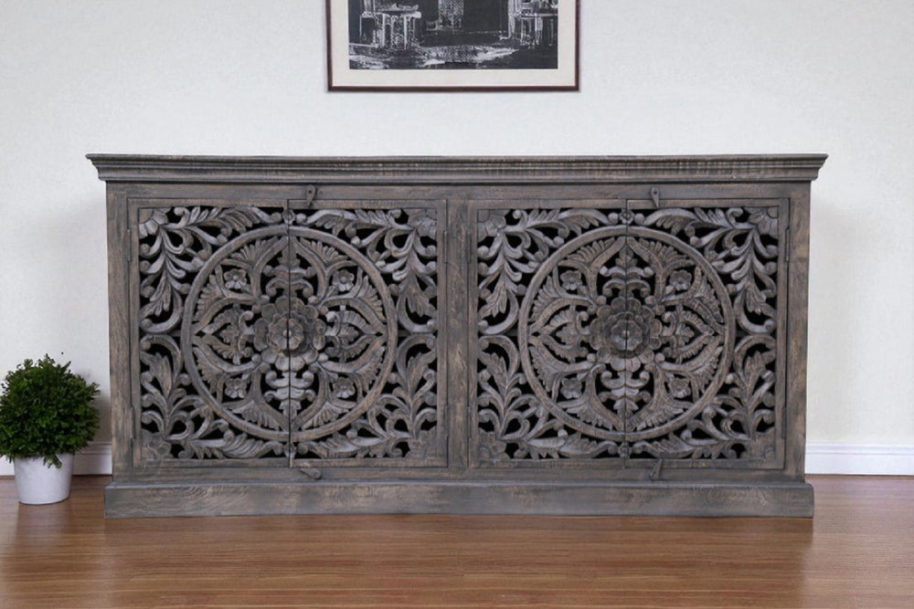HomeRoots 71" Gray Distressed Solid Wood Sideboard with Hand-Carved Floral Design - Stylish Storage Solution 488632