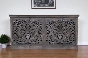 HomeRoots 71" Gray Distressed Solid Wood Sideboard with Hand-Carved Floral Design - Stylish Storage Solution 488632