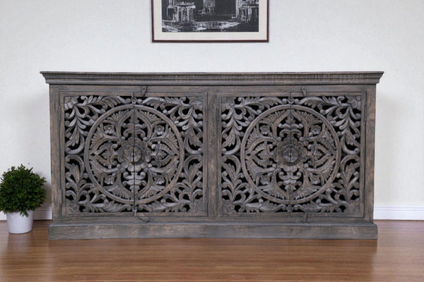 HomeRoots 71" Gray Distressed Solid Wood Sideboard with Hand-Carved Floral Design - Stylish Storage Solution 488632