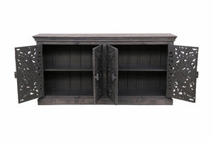 HomeRoots 71" Gray Distressed Solid Wood Sideboard with Hand-Carved Floral Design - Stylish Storage Solution 488632