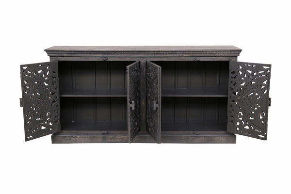 HomeRoots 71" Gray Distressed Solid Wood Sideboard with Hand-Carved Floral Design - Stylish Storage Solution 488632