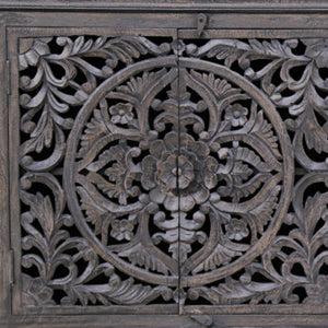 HomeRoots 71" Gray Distressed Solid Wood Sideboard with Hand-Carved Floral Design - Stylish Storage Solution 488632