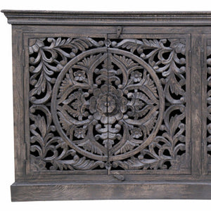 HomeRoots 71" Gray Distressed Solid Wood Sideboard with Hand-Carved Floral Design - Stylish Storage Solution 488632