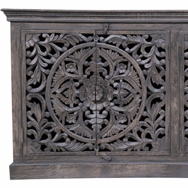 HomeRoots 71" Gray Distressed Solid Wood Sideboard with Hand-Carved Floral Design - Stylish Storage Solution 488632