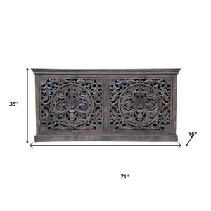 HomeRoots 71" Gray Distressed Solid Wood Sideboard with Hand-Carved Floral Design - Stylish Storage Solution 488632