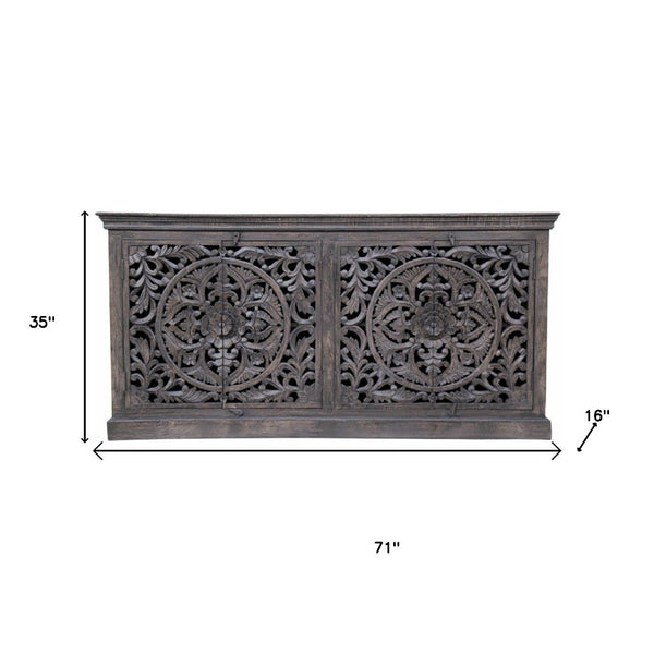 HomeRoots 71" Gray Distressed Solid Wood Sideboard with Hand-Carved Floral Design - Stylish Storage Solution 488632