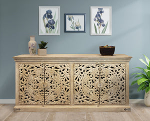 HomeRoots 71" Elegant Beige Distressed Solid Wood Sideboard with Carved Scrollwork - Versatile Storage Solution 488633
