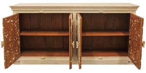 HomeRoots 71" Elegant Beige Distressed Solid Wood Sideboard with Carved Scrollwork - Versatile Storage Solution 488633