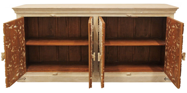 HomeRoots 71" Elegant Beige Distressed Solid Wood Sideboard with Carved Scrollwork - Versatile Storage Solution 488633