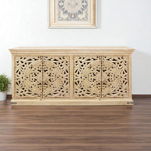 HomeRoots 71" Elegant Beige Distressed Solid Wood Sideboard with Carved Scrollwork - Versatile Storage Solution 488633