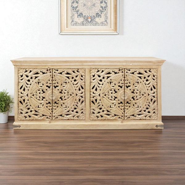 HomeRoots 71" Elegant Beige Distressed Solid Wood Sideboard with Carved Scrollwork - Versatile Storage Solution 488633