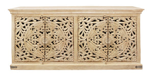 HomeRoots 71" Elegant Beige Distressed Solid Wood Sideboard with Carved Scrollwork - Versatile Storage Solution 488633
