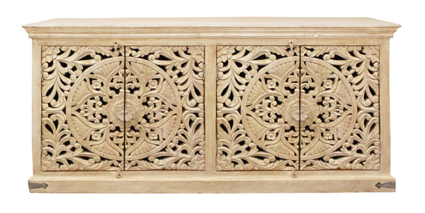 HomeRoots 71" Elegant Beige Distressed Solid Wood Sideboard with Carved Scrollwork - Versatile Storage Solution 488633