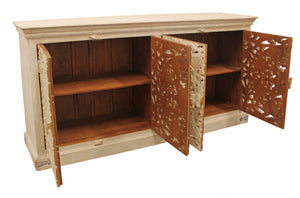 HomeRoots 71" Elegant Beige Distressed Solid Wood Sideboard with Carved Scrollwork - Versatile Storage Solution 488633