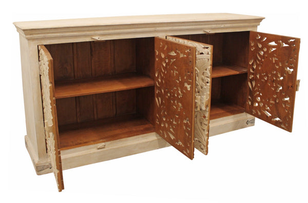 HomeRoots 71" Elegant Beige Distressed Solid Wood Sideboard with Carved Scrollwork - Versatile Storage Solution 488633