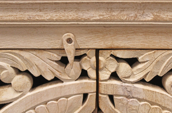 HomeRoots 71" Elegant Beige Distressed Solid Wood Sideboard with Carved Scrollwork - Versatile Storage Solution 488633