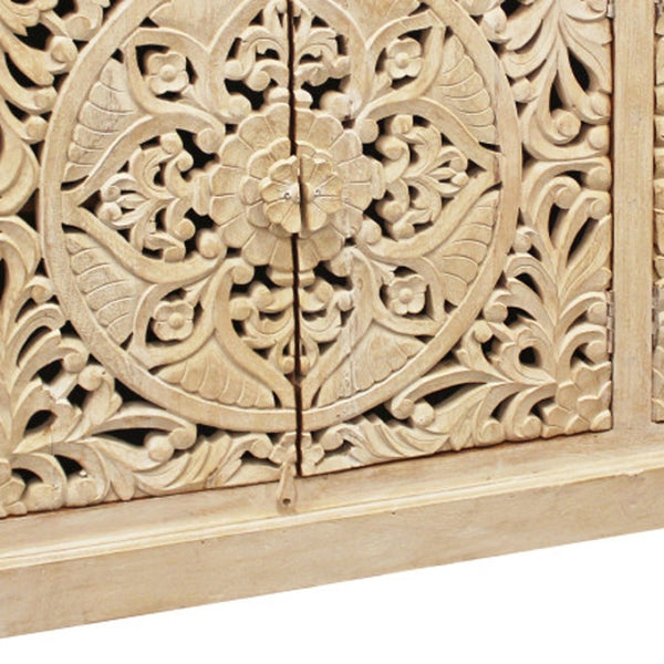 HomeRoots 71" Elegant Beige Distressed Solid Wood Sideboard with Carved Scrollwork - Versatile Storage Solution 488633
