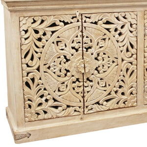 HomeRoots 71" Elegant Beige Distressed Solid Wood Sideboard with Carved Scrollwork - Versatile Storage Solution 488633