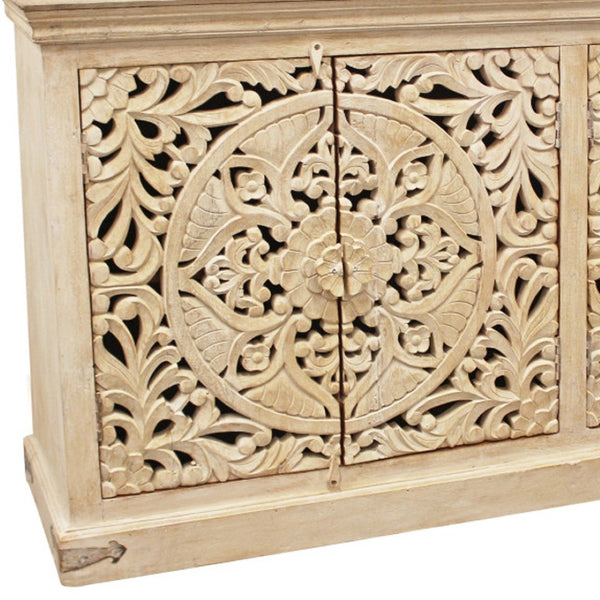 HomeRoots 71" Elegant Beige Distressed Solid Wood Sideboard with Carved Scrollwork - Versatile Storage Solution 488633