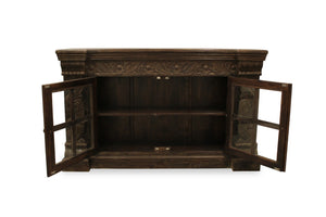 HomeRoots 60" Brown Distressed Solid Wood Buffet Table with Glass Doors, Floral Carvings & Brass Hardware 488634