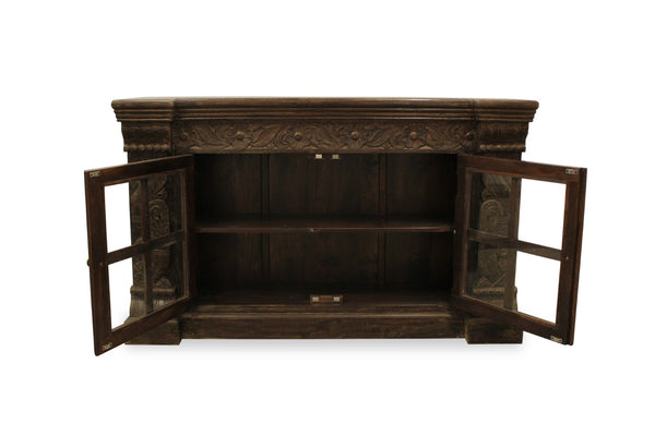 HomeRoots 60" Brown Distressed Solid Wood Buffet Table with Glass Doors, Floral Carvings & Brass Hardware 488634