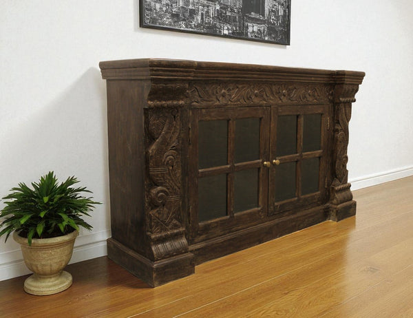 HomeRoots 60" Brown Distressed Solid Wood Buffet Table with Glass Doors, Floral Carvings & Brass Hardware 488634