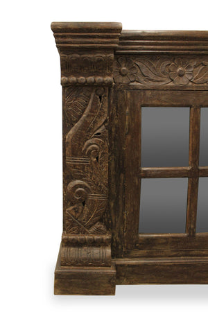 HomeRoots 60" Brown Distressed Solid Wood Buffet Table with Glass Doors, Floral Carvings & Brass Hardware 488634