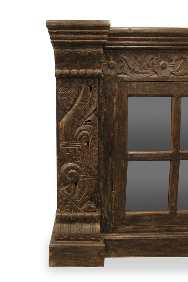 HomeRoots 60" Brown Distressed Solid Wood Buffet Table with Glass Doors, Floral Carvings & Brass Hardware 488634