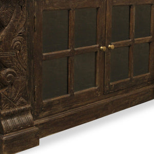 HomeRoots 60" Brown Distressed Solid Wood Buffet Table with Glass Doors, Floral Carvings & Brass Hardware 488634