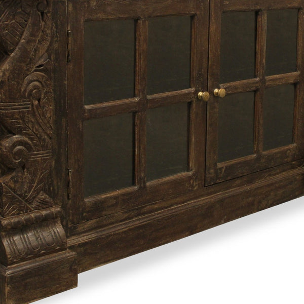 HomeRoots 60" Brown Distressed Solid Wood Buffet Table with Glass Doors, Floral Carvings & Brass Hardware 488634
