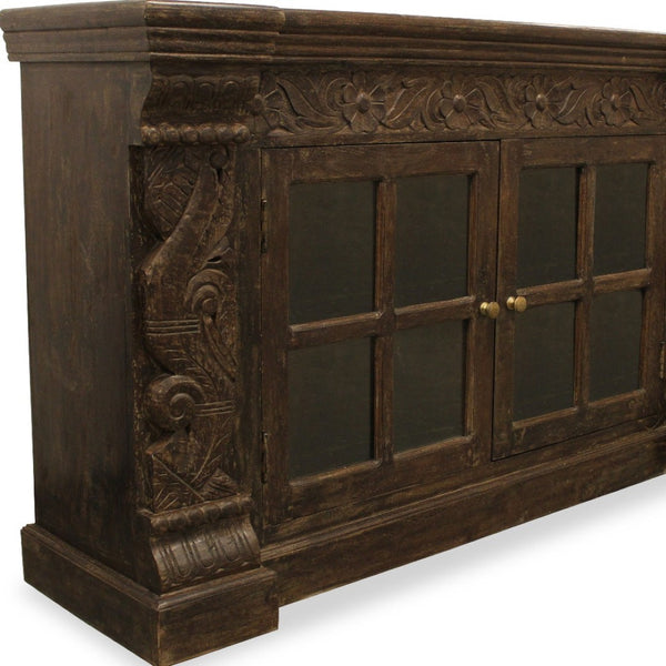 HomeRoots 60" Brown Distressed Solid Wood Buffet Table with Glass Doors, Floral Carvings & Brass Hardware 488634