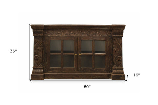 HomeRoots 60" Brown Distressed Solid Wood Buffet Table with Glass Doors, Floral Carvings & Brass Hardware 488634