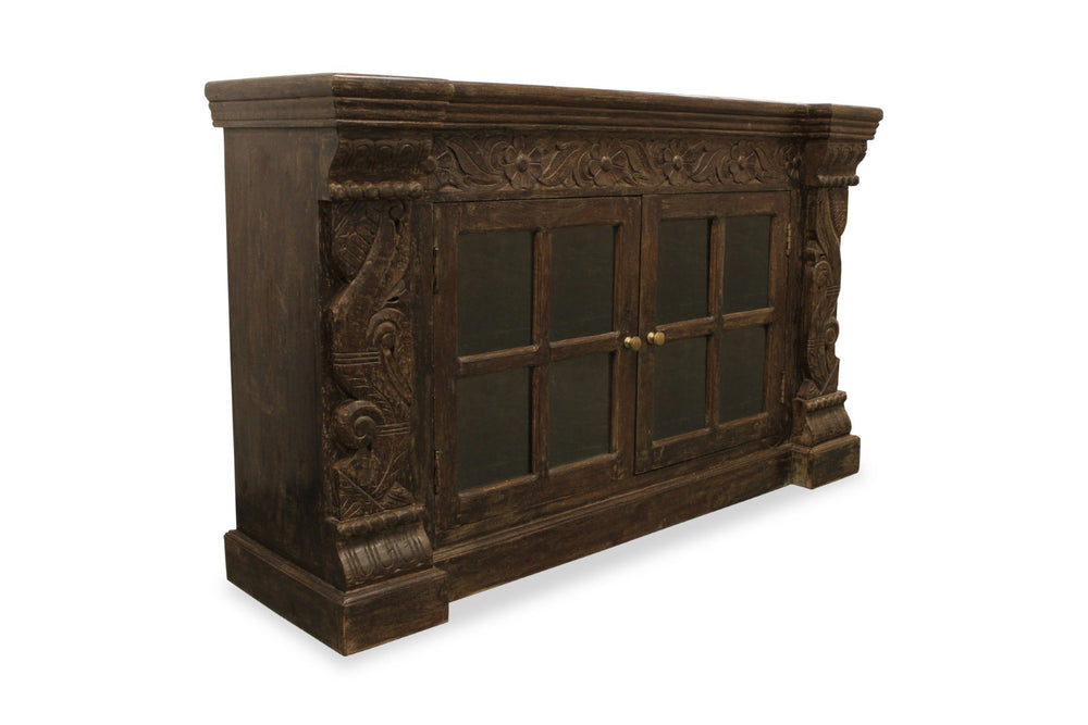 HomeRoots 60" Brown Distressed Solid Wood Buffet Table with Glass Doors, Floral Carvings & Brass Hardware 488634