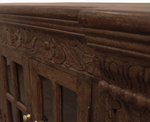 HomeRoots 72" Brown Distressed Buffet Table - Elegant Carved Floral Design with 4 Glass Doors for Storage & Style 488635