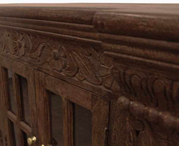 HomeRoots 72" Brown Distressed Buffet Table - Elegant Carved Floral Design with 4 Glass Doors for Storage & Style 488635