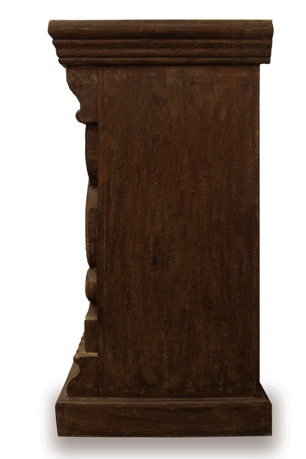 HomeRoots 72" Brown Distressed Buffet Table - Elegant Carved Floral Design with 4 Glass Doors for Storage & Style 488635